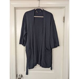 Theory Cardigan Sweater women's small navy blue belted boxy‎ 1/2 sleeve cotton